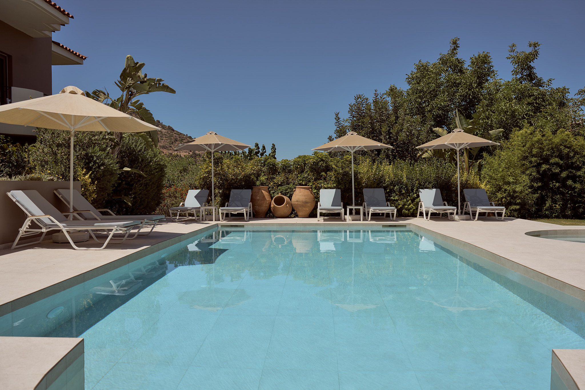 Greenery surrounds the pool terrace, creating a calm and naturally private atmosphere.